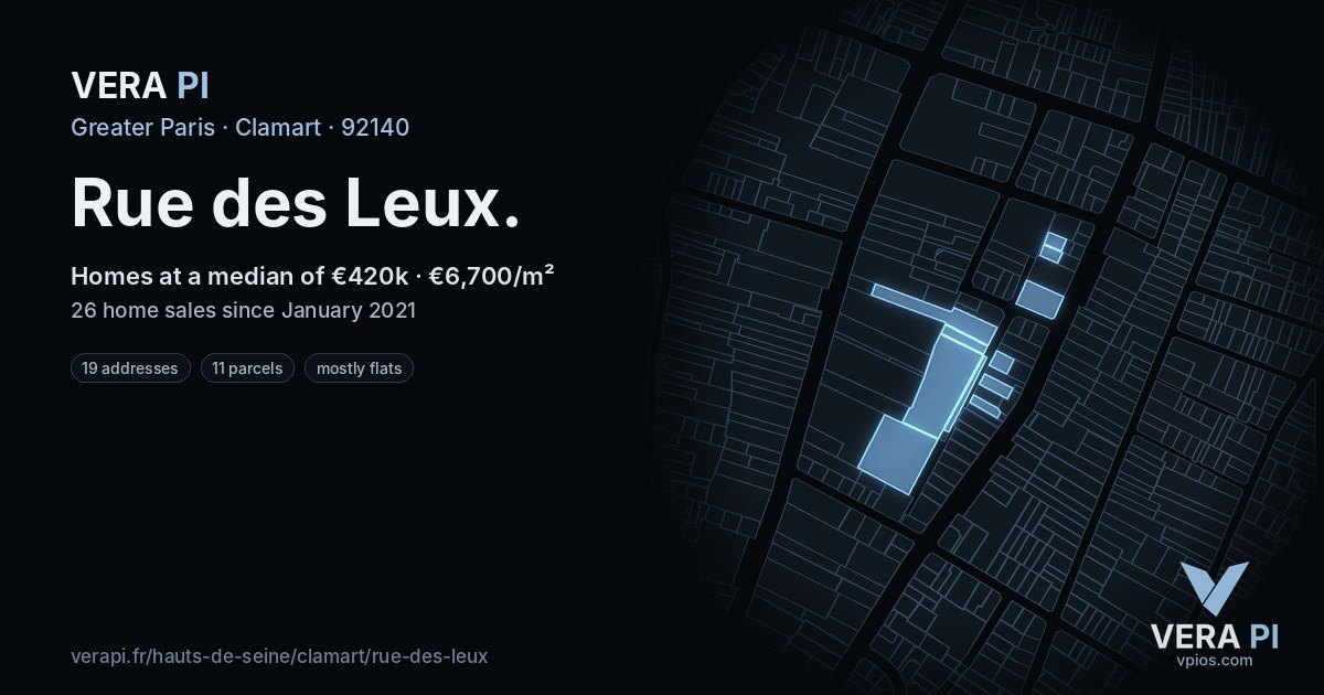 Rue des Leux, Clamart at night – every parcel coloured by the prices around it, the street's own parcels lit