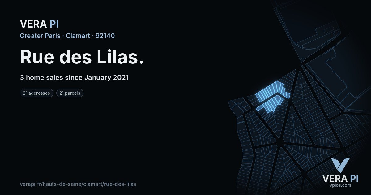 Rue des Lilas, Clamart at night – every parcel coloured by the prices around it, the street's own parcels lit