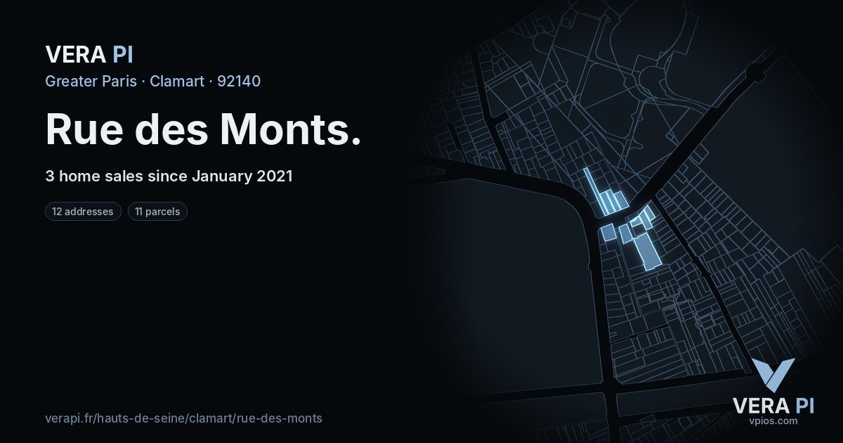 Rue des Monts, Clamart at night – every parcel coloured by the prices around it, the street's own parcels lit