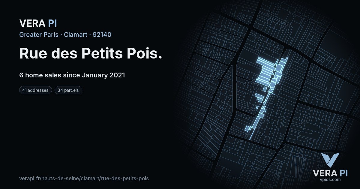 Rue des Petits Pois, Clamart at night – every parcel coloured by the prices around it, the street's own parcels lit
