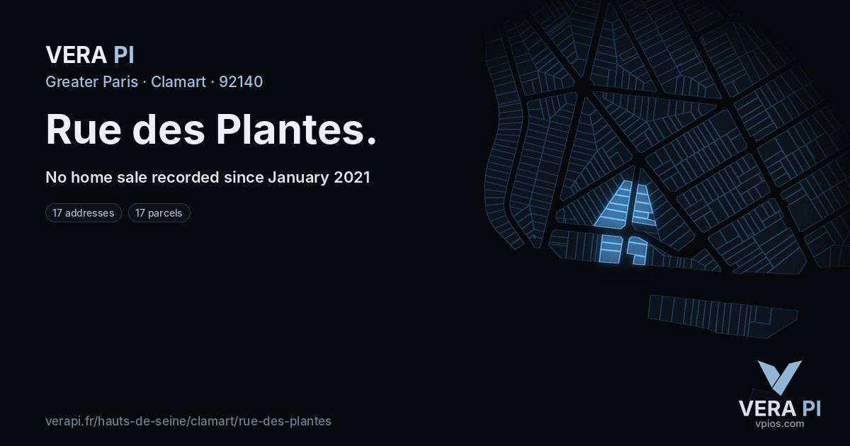 Rue des Plantes, Clamart at night – every parcel coloured by the prices around it, the street's own parcels lit