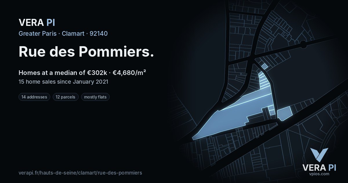 Rue des Pommiers, Clamart at night – every parcel coloured by the prices around it, the street's own parcels lit