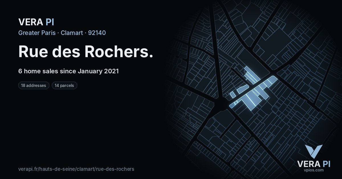Rue des Rochers, Clamart at night – every parcel coloured by the prices around it, the street's own parcels lit