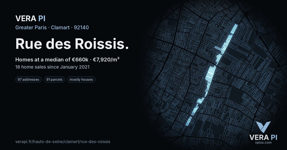 Rue des Roissis, Clamart at night – every parcel coloured by the prices around it, the street's own parcels lit