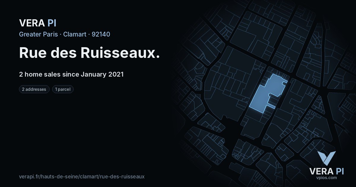 Rue des Ruisseaux, Clamart at night – every parcel coloured by the prices around it, the street's own parcels lit