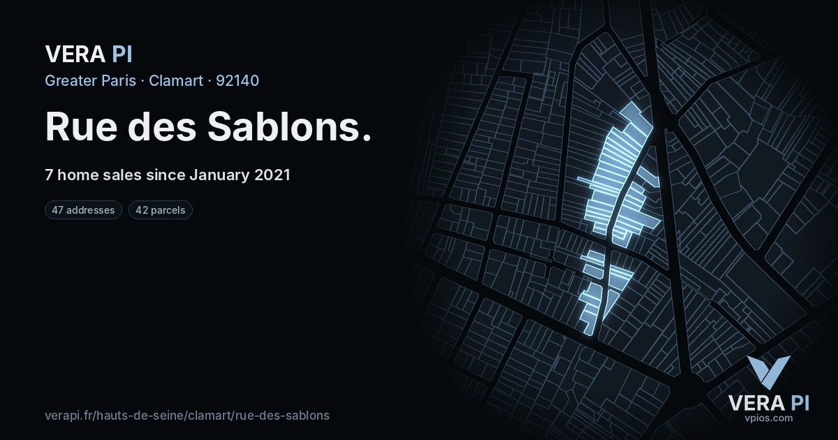 Rue des Sablons, Clamart at night – every parcel coloured by the prices around it, the street's own parcels lit