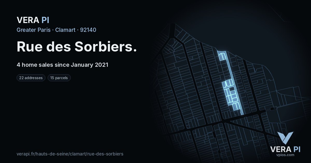 Rue des Sorbiers, Clamart at night – every parcel coloured by the prices around it, the street's own parcels lit