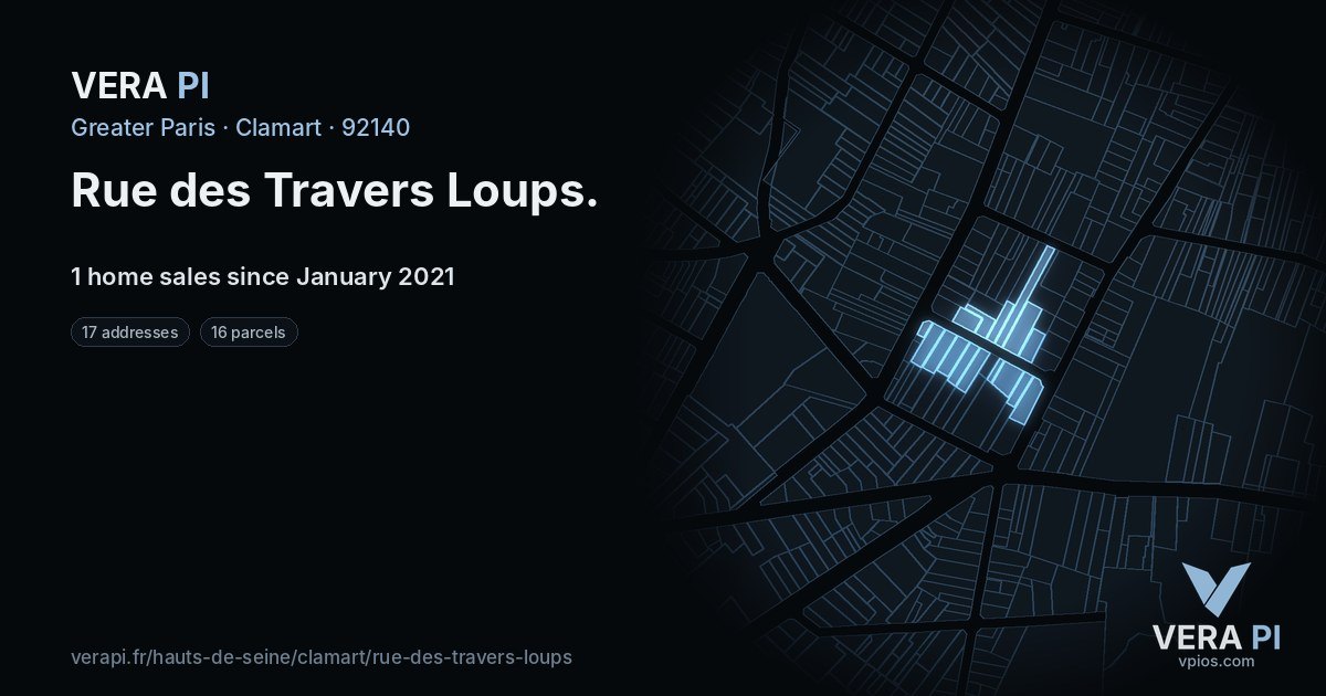 Rue des Travers Loups, Clamart at night – every parcel coloured by the prices around it, the street's own parcels lit