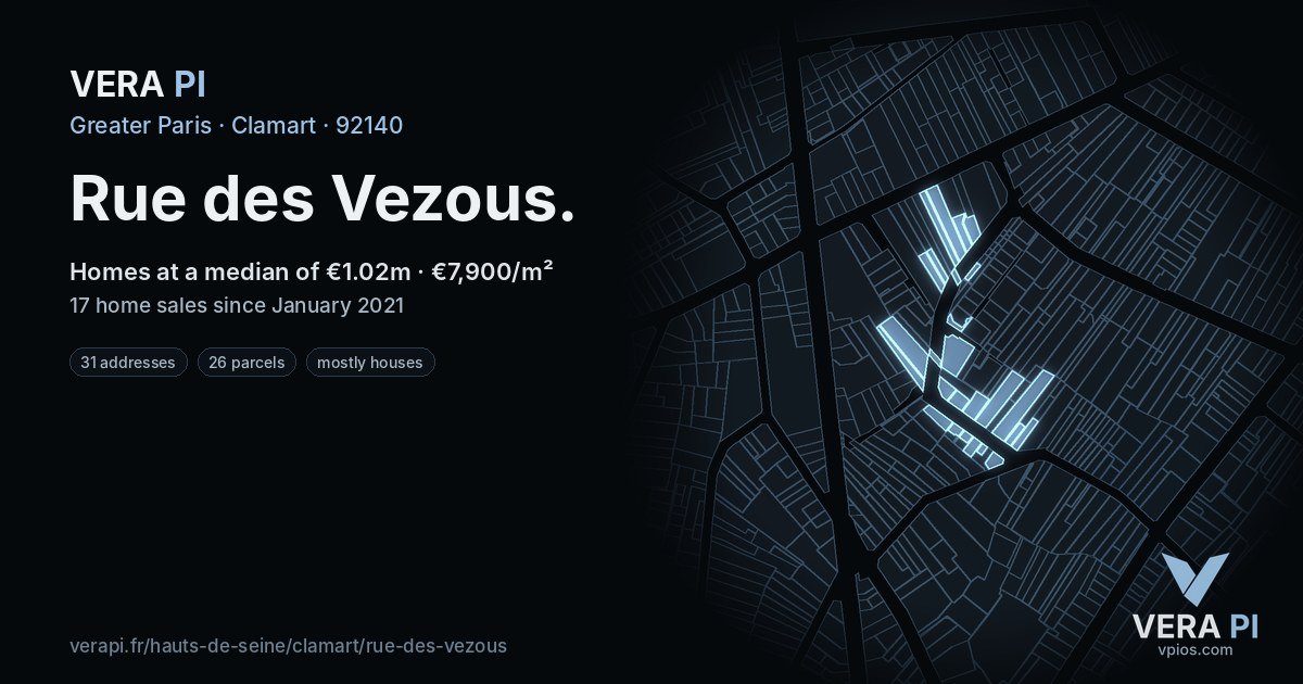 Rue des Vezous, Clamart at night – every parcel coloured by the prices around it, the street's own parcels lit