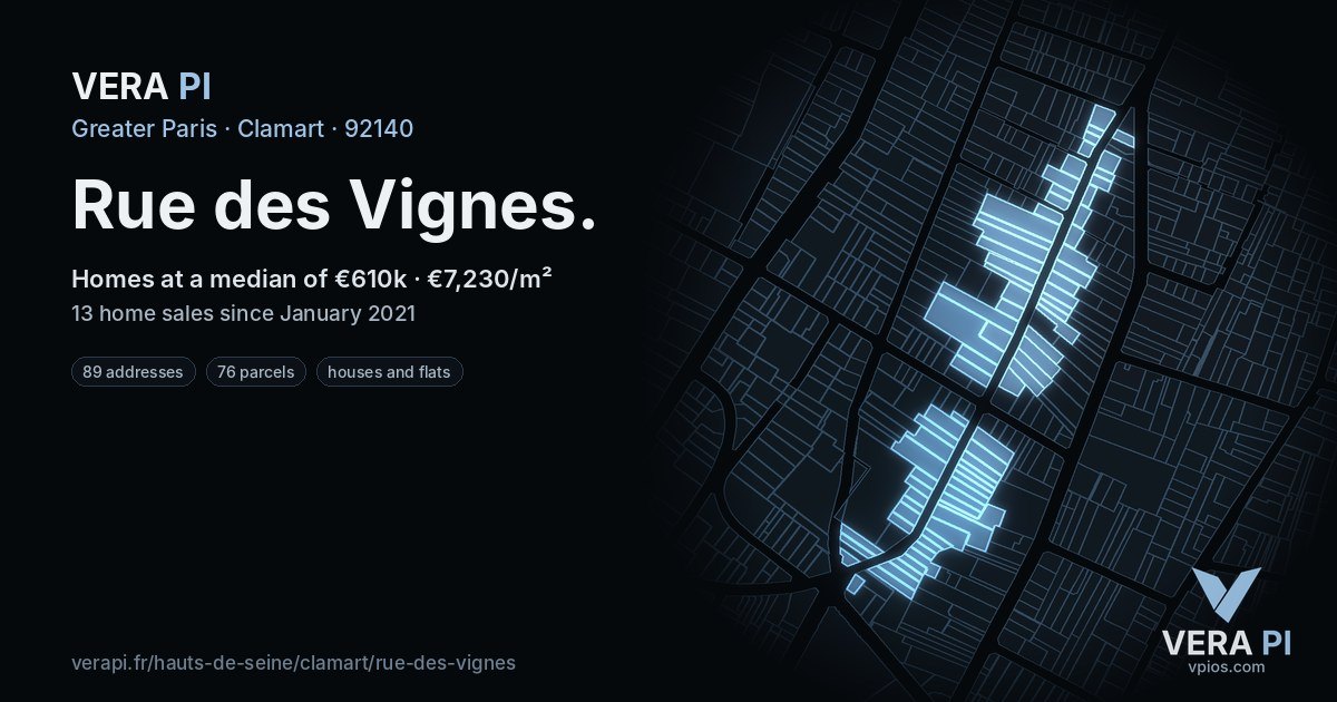 Rue des Vignes, Clamart at night – every parcel coloured by the prices around it, the street's own parcels lit