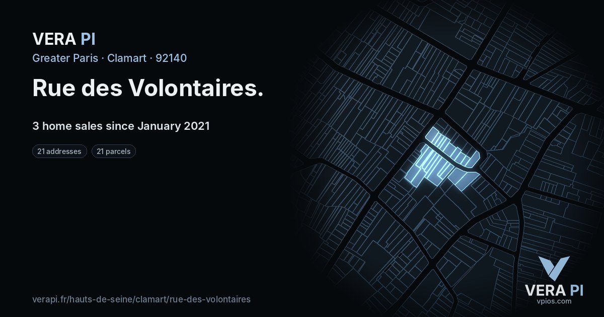 Rue des Volontaires, Clamart at night – every parcel coloured by the prices around it, the street's own parcels lit