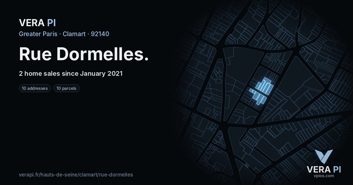 Rue Dormelles, Clamart at night – every parcel coloured by the prices around it, the street's own parcels lit
