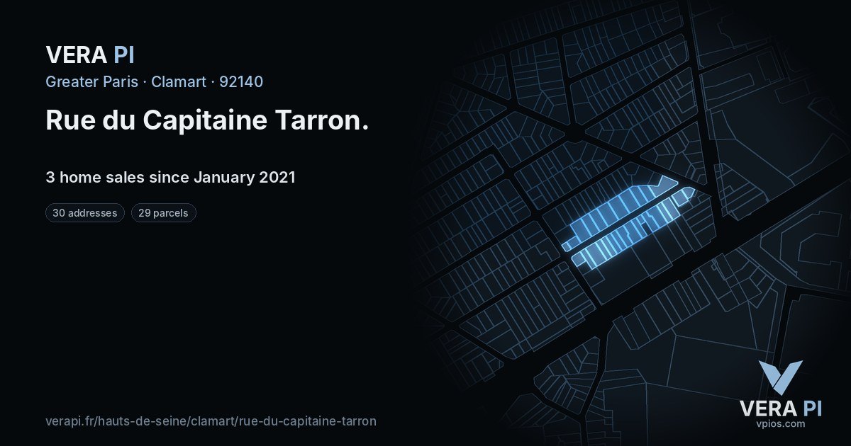 Rue du Capitaine Tarron, Clamart at night – every parcel coloured by the prices around it, the street's own parcels lit