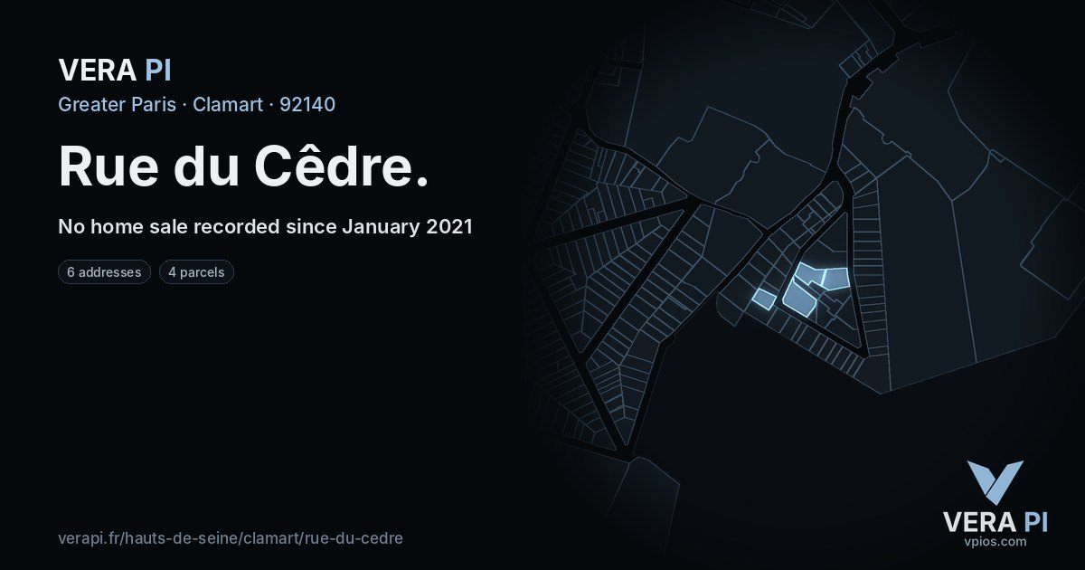Rue du Cêdre, Clamart at night – every parcel coloured by the prices around it, the street's own parcels lit