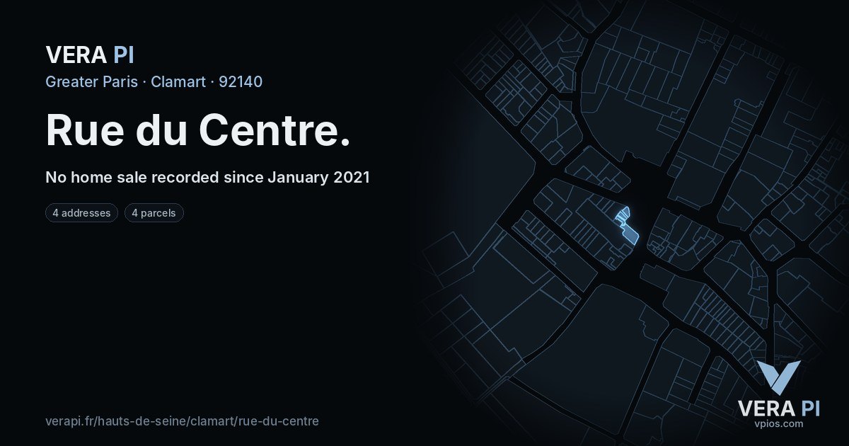 Rue du Centre, Clamart at night – every parcel coloured by the prices around it, the street's own parcels lit