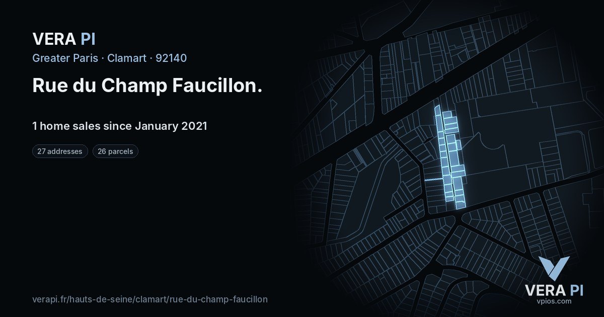 Rue du Champ Faucillon, Clamart at night – every parcel coloured by the prices around it, the street's own parcels lit