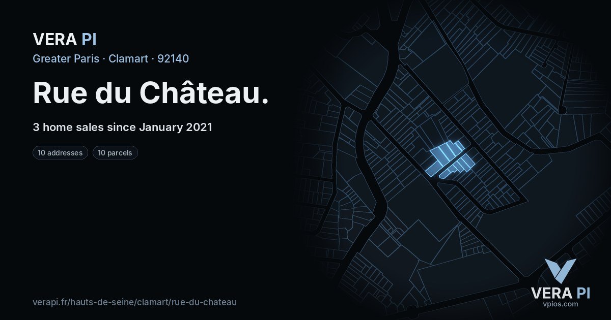 Rue du Château, Clamart at night – every parcel coloured by the prices around it, the street's own parcels lit
