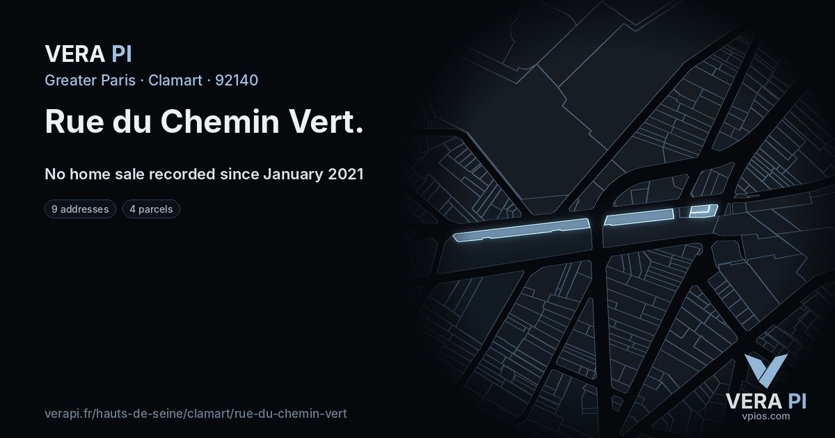 Rue du Chemin Vert, Clamart at night – every parcel coloured by the prices around it, the street's own parcels lit