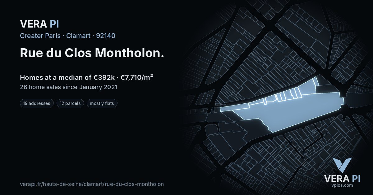 Rue du Clos Montholon, Clamart at night – every parcel coloured by the prices around it, the street's own parcels lit