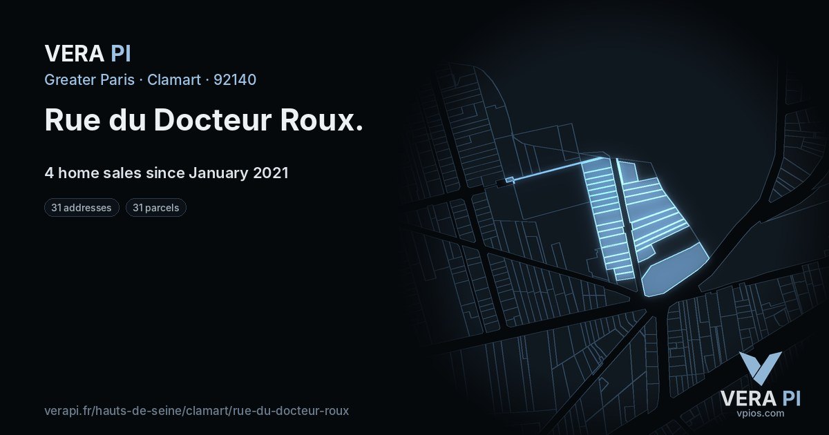 Rue du Docteur Roux, Clamart at night – every parcel coloured by the prices around it, the street's own parcels lit