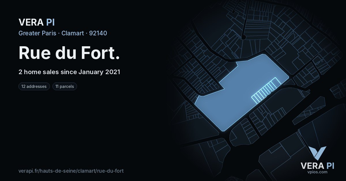 Rue du Fort, Clamart at night – every parcel coloured by the prices around it, the street's own parcels lit