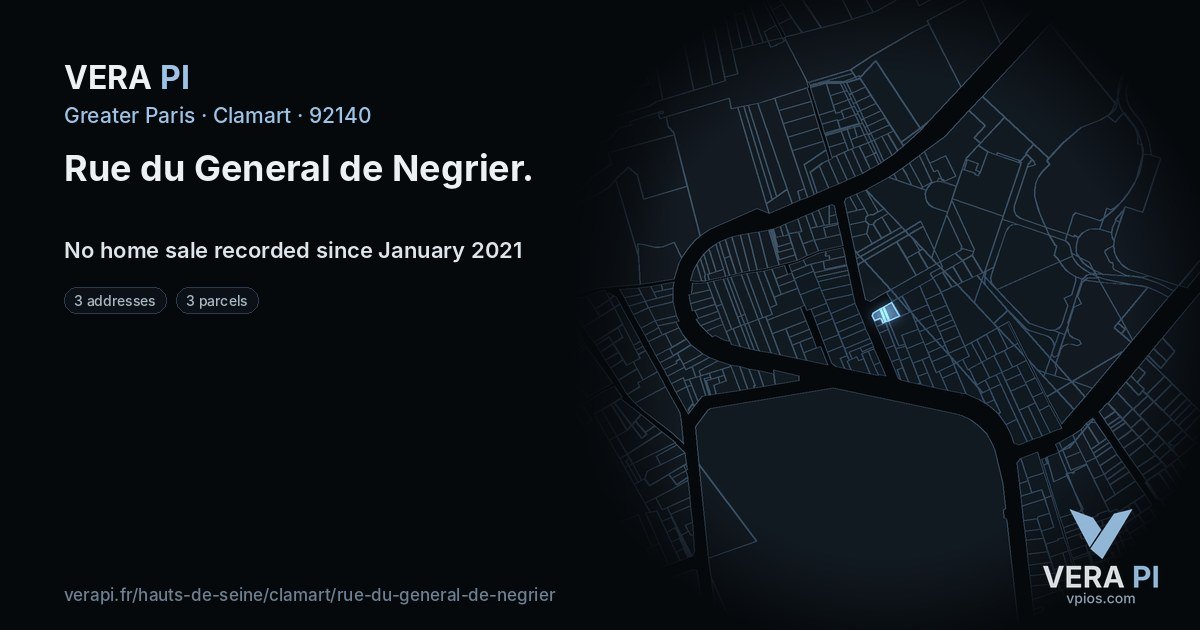 Rue du General de Negrier, Clamart at night – every parcel coloured by the prices around it, the street's own parcels lit