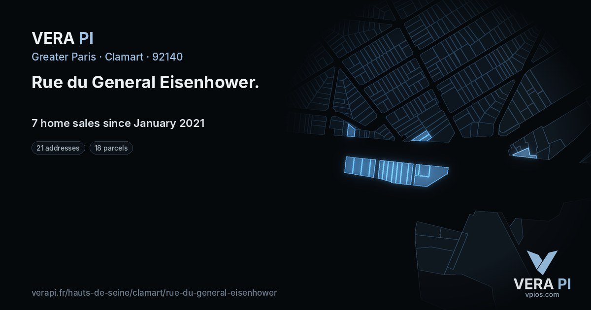 Rue du General Eisenhower, Clamart at night – every parcel coloured by the prices around it, the street's own parcels lit