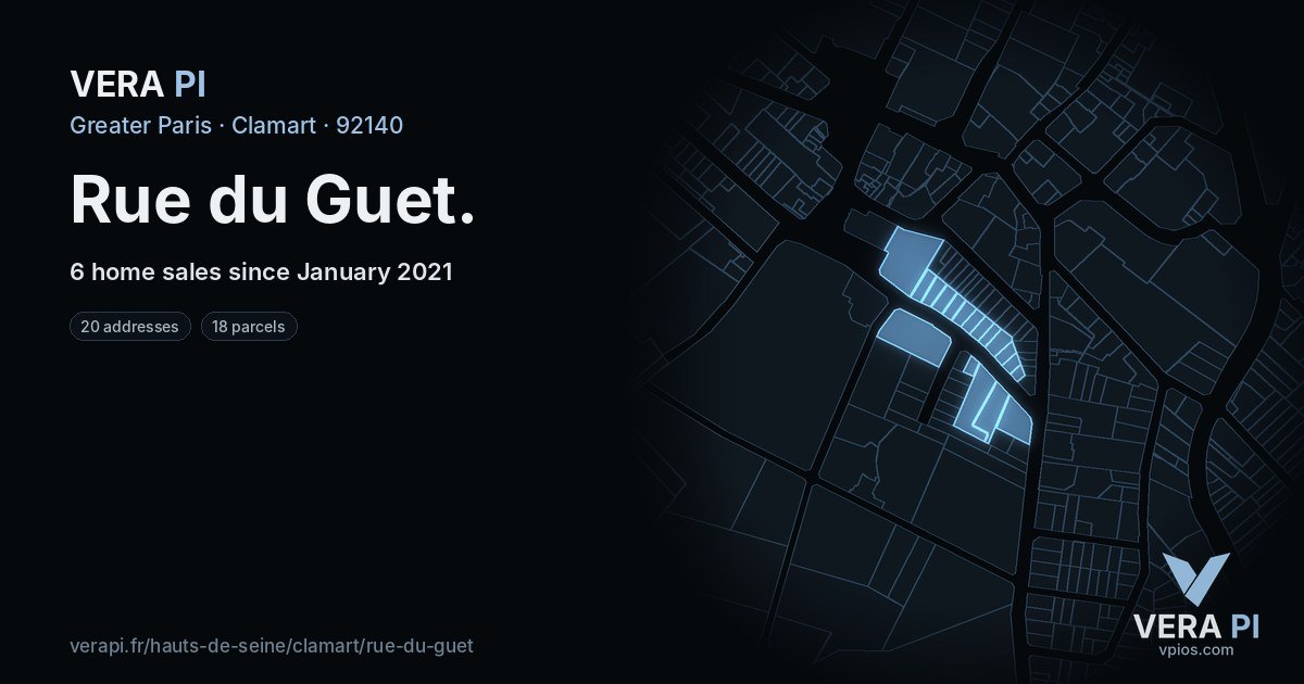 Rue du Guet, Clamart at night – every parcel coloured by the prices around it, the street's own parcels lit