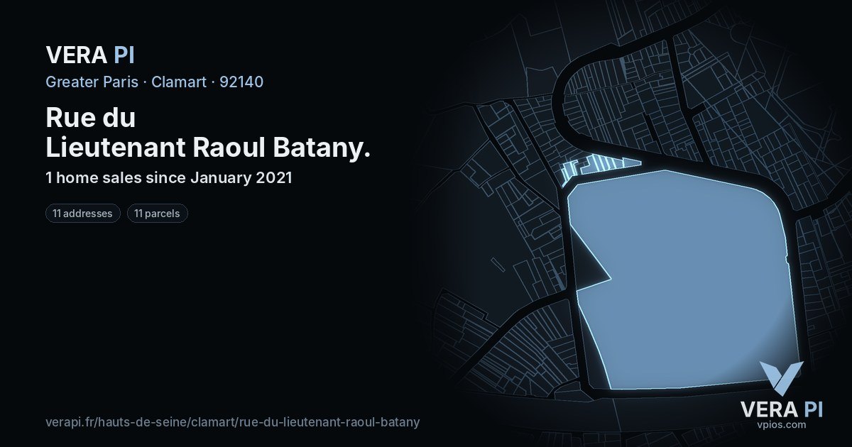 Rue du Lieutenant Raoul Batany, Clamart at night – every parcel coloured by the prices around it, the street's own parcels lit