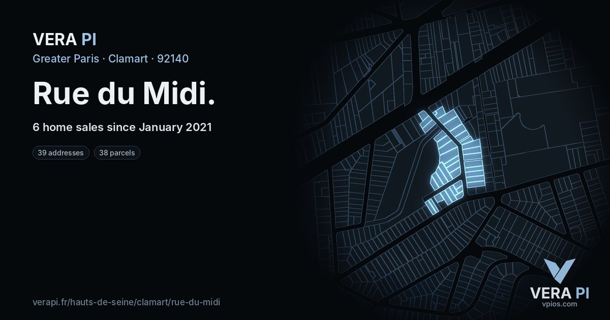 Rue du Midi, Clamart at night – every parcel coloured by the prices around it, the street's own parcels lit