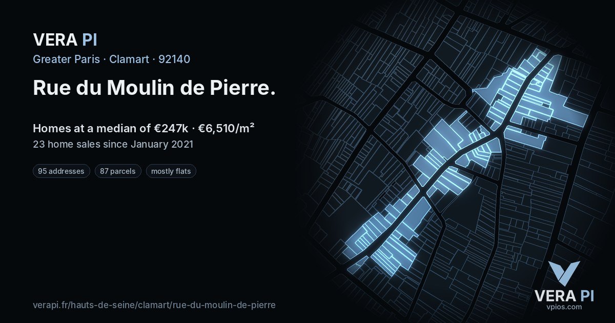 Rue du Moulin de Pierre, Clamart at night – every parcel coloured by the prices around it, the street's own parcels lit