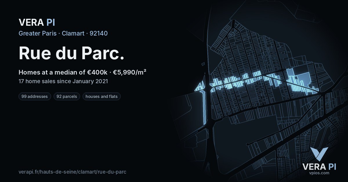 Rue du Parc, Clamart at night – every parcel coloured by the prices around it, the street's own parcels lit