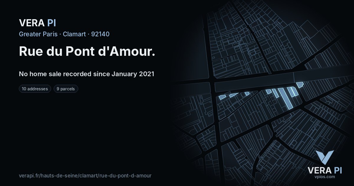 Rue du Pont d'Amour, Clamart at night – every parcel coloured by the prices around it, the street's own parcels lit