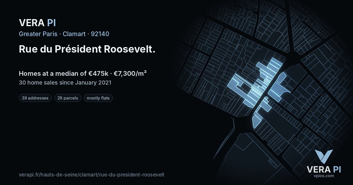 Rue du Président Roosevelt, Clamart at night – every parcel coloured by the prices around it, the street's own parcels lit