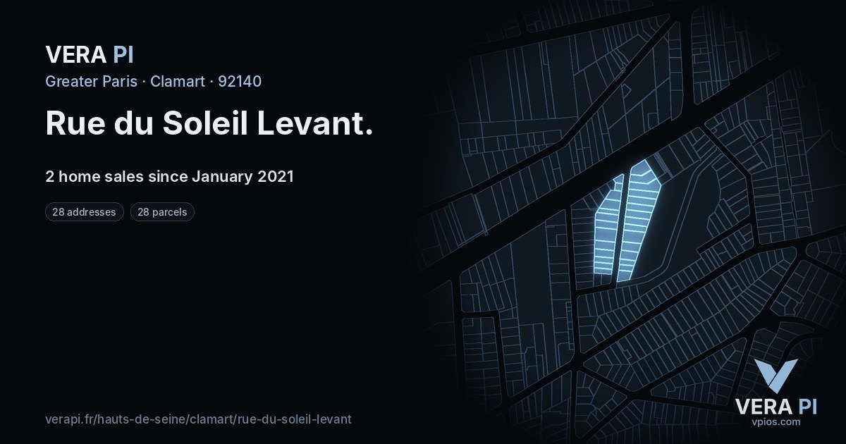 Rue du Soleil Levant, Clamart at night – every parcel coloured by the prices around it, the street's own parcels lit