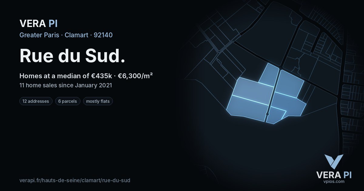 Rue du Sud, Clamart at night – every parcel coloured by the prices around it, the street's own parcels lit