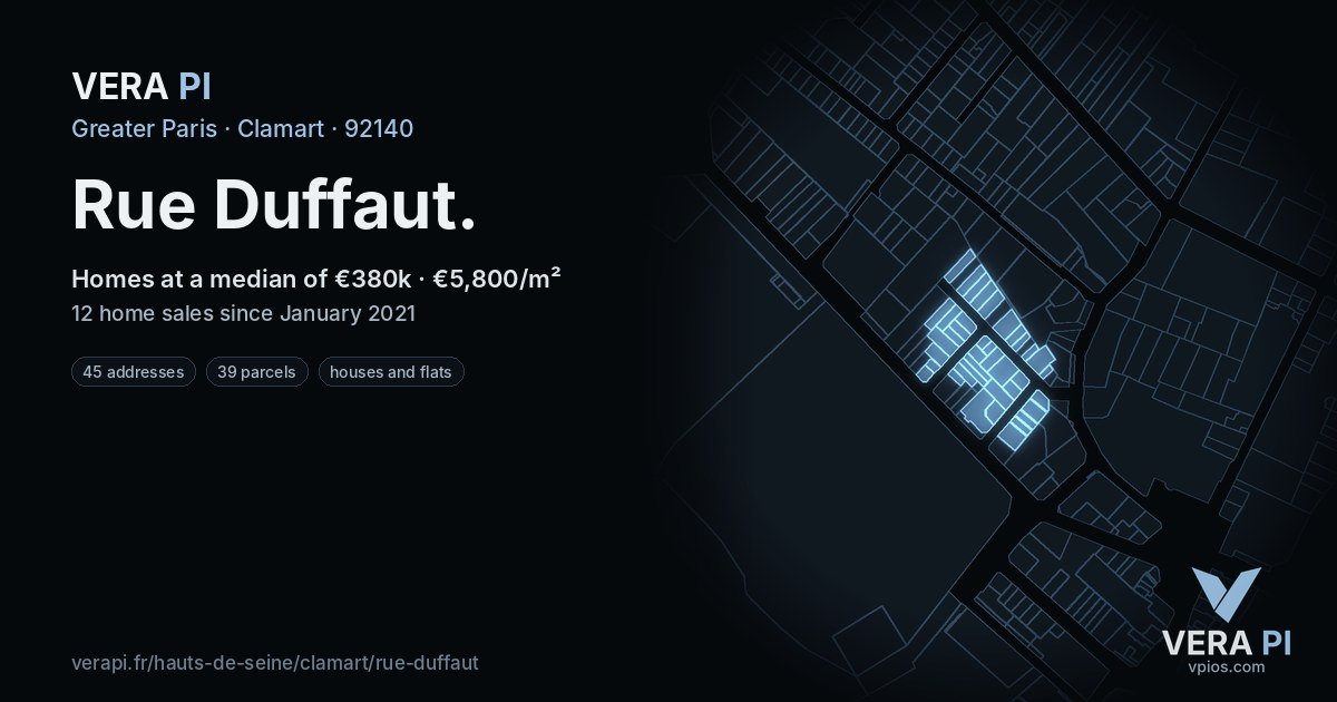 Rue Duffaut, Clamart at night – every parcel coloured by the prices around it, the street's own parcels lit