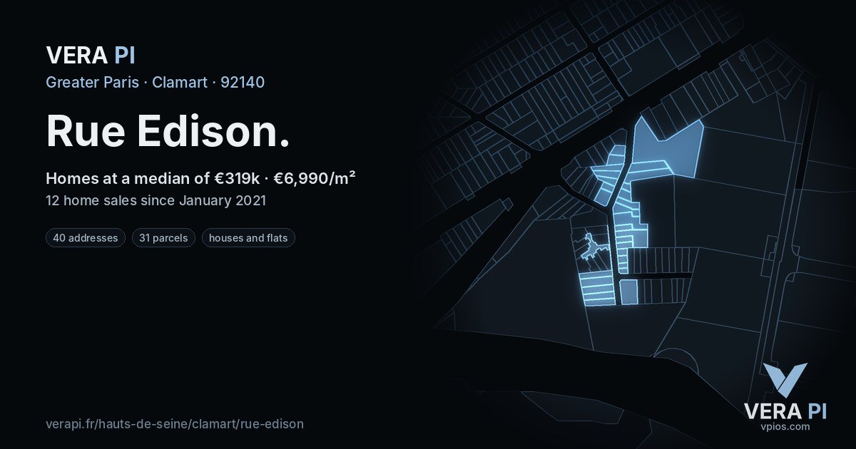 Rue Edison, Clamart at night – every parcel coloured by the prices around it, the street's own parcels lit