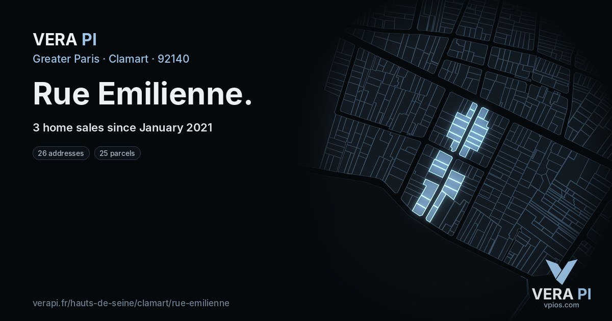 Rue Emilienne, Clamart at night – every parcel coloured by the prices around it, the street's own parcels lit