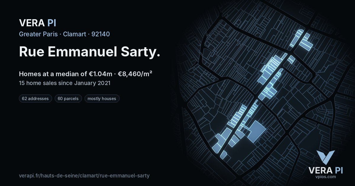 Rue Emmanuel Sarty, Clamart at night – every parcel coloured by the prices around it, the street's own parcels lit