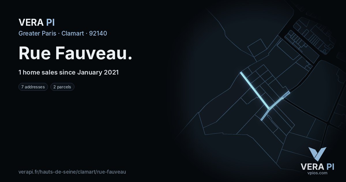 Rue Fauveau, Clamart at night – every parcel coloured by the prices around it, the street's own parcels lit