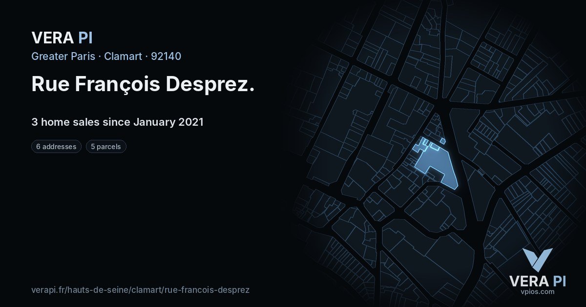 Rue François Desprez, Clamart at night – every parcel coloured by the prices around it, the street's own parcels lit