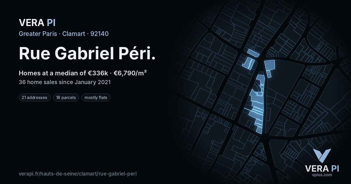 Rue Gabriel Péri, Clamart at night – every parcel coloured by the prices around it, the street's own parcels lit