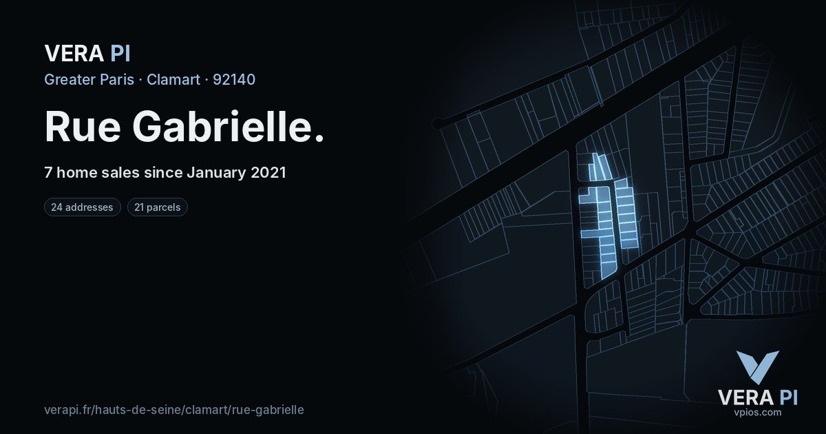 Rue Gabrielle, Clamart at night – every parcel coloured by the prices around it, the street's own parcels lit
