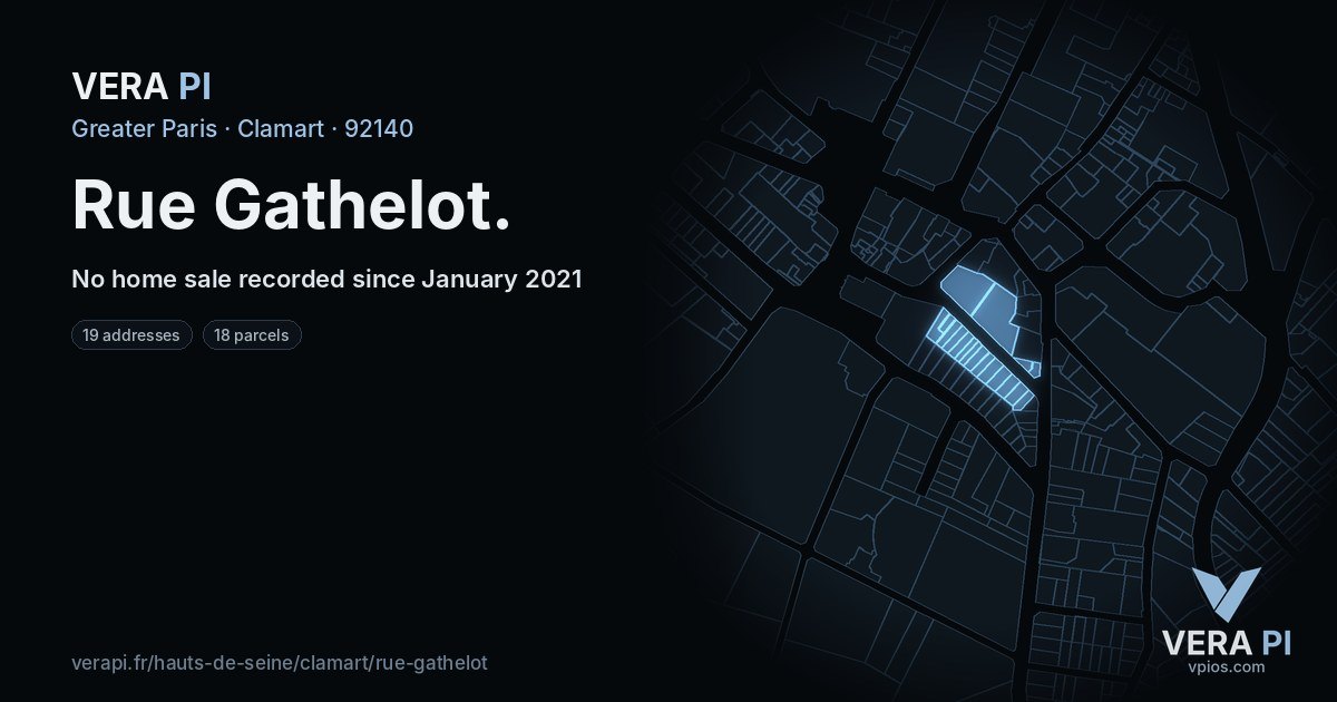 Rue Gathelot, Clamart at night – every parcel coloured by the prices around it, the street's own parcels lit