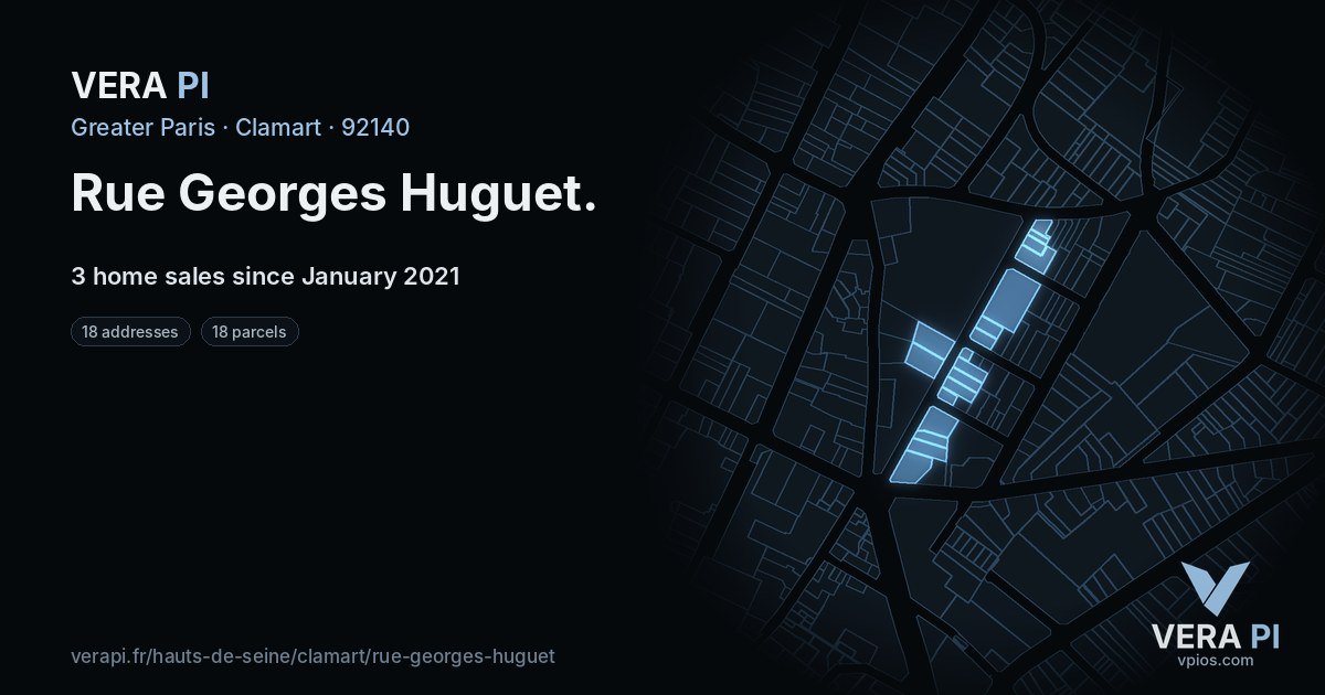Rue Georges Huguet, Clamart at night – every parcel coloured by the prices around it, the street's own parcels lit