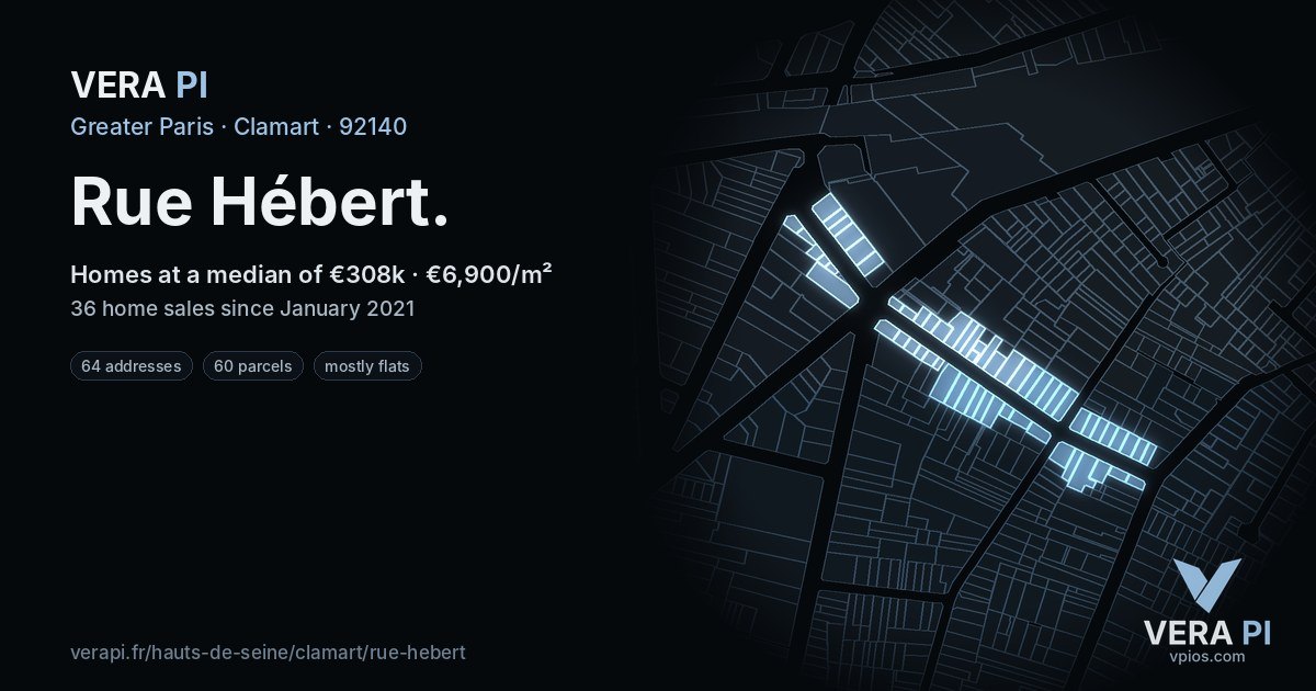 Rue Hébert, Clamart at night – every parcel coloured by the prices around it, the street's own parcels lit
