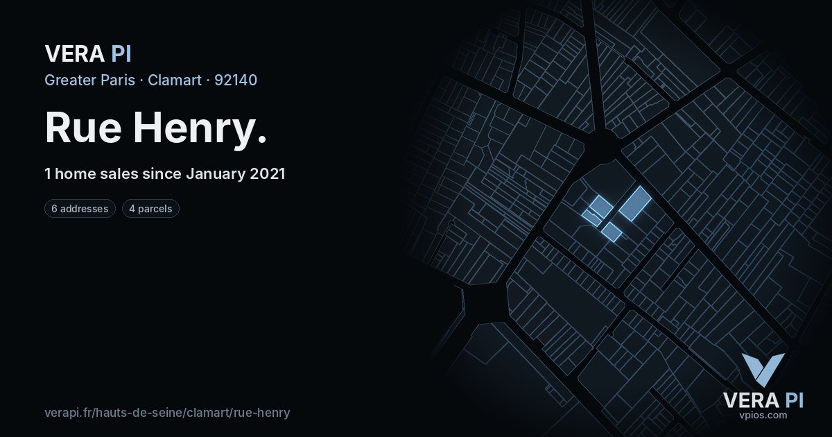 Rue Henry, Clamart at night – every parcel coloured by the prices around it, the street's own parcels lit
