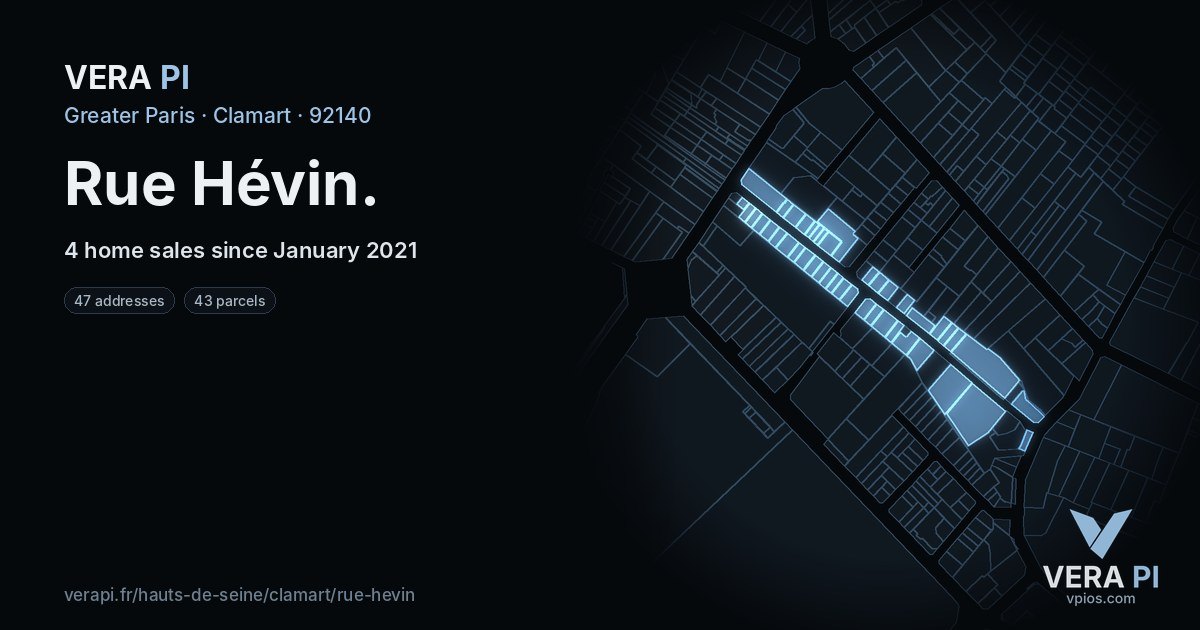 Rue Hévin, Clamart at night – every parcel coloured by the prices around it, the street's own parcels lit