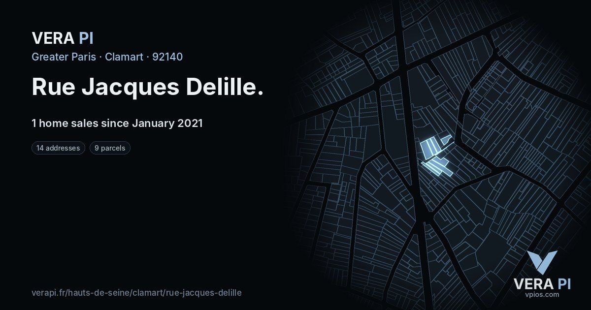 Rue Jacques Delille, Clamart at night – every parcel coloured by the prices around it, the street's own parcels lit